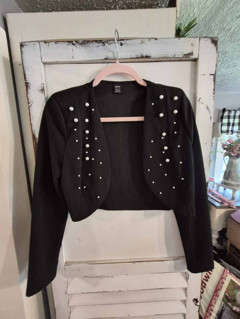 SHEIN brand cropped jacket featuring black fabric adorned with pearl bead embell - Picture 2 of 7
